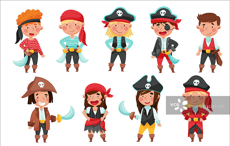 欢乐的男孩和女孩穿着海盗服装图片素材