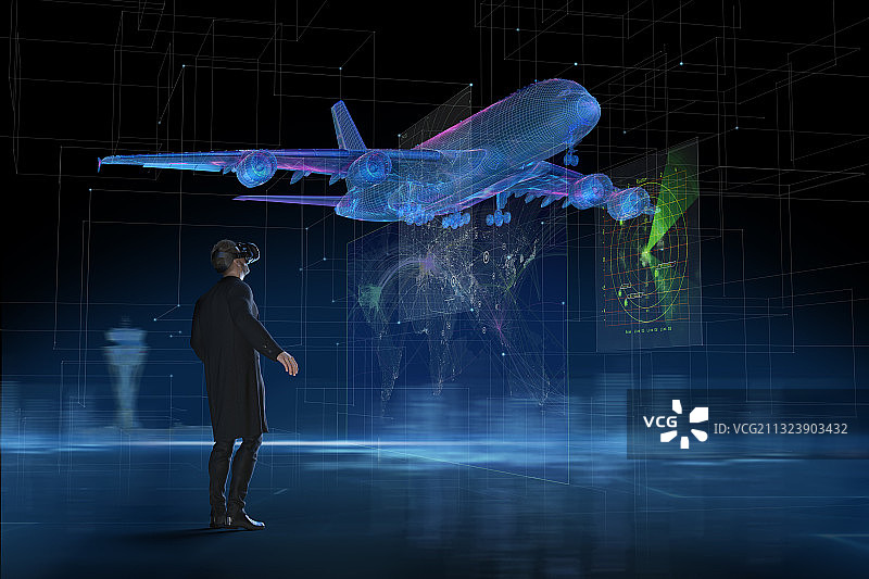 商人与VR头盔观看全息飞机起飞图片素材