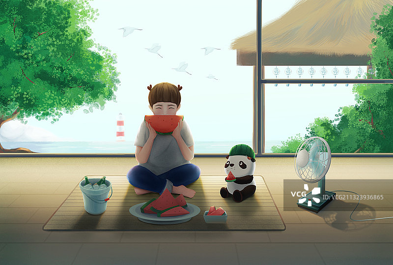 男孩和小熊猫系列[无文字]-小暑图片素材