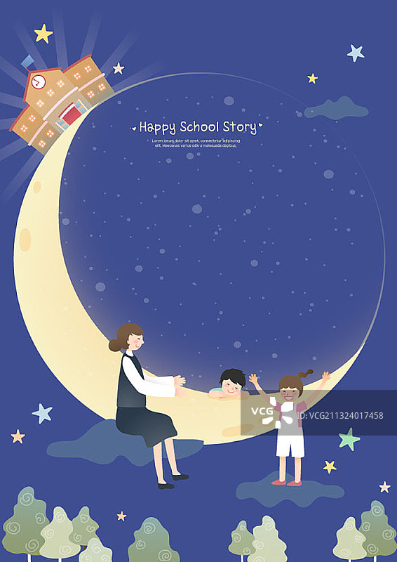 一个巨大的月亮，老师和学生聚集在它周围的插图图片素材