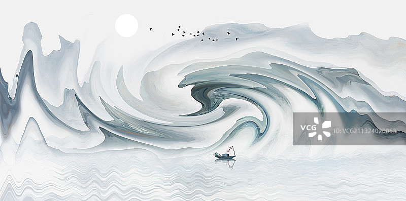 手绘新中式意境山水画插画背景图片素材