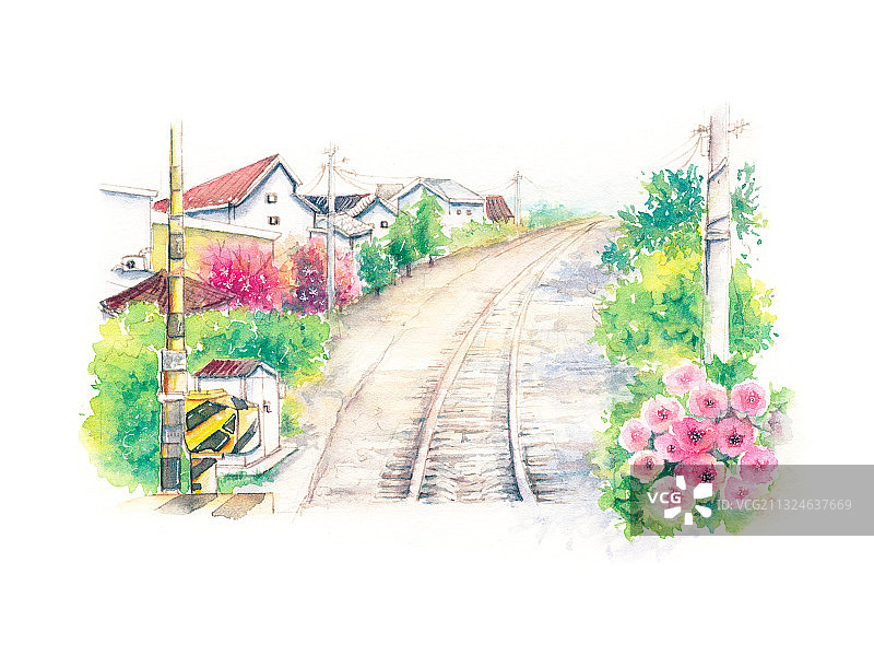 水彩插画风景系列春夏的乡村路口图片素材