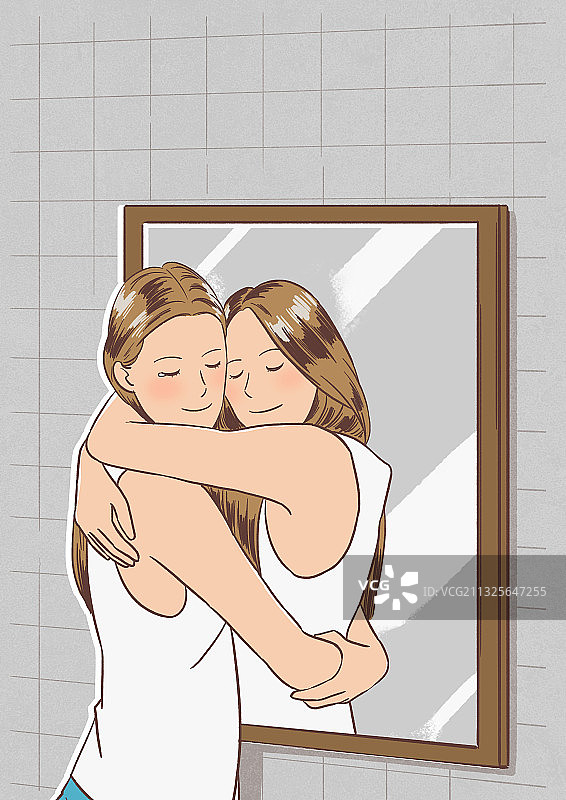 女人在镜子里看到自己拥抱自己的影像图片素材