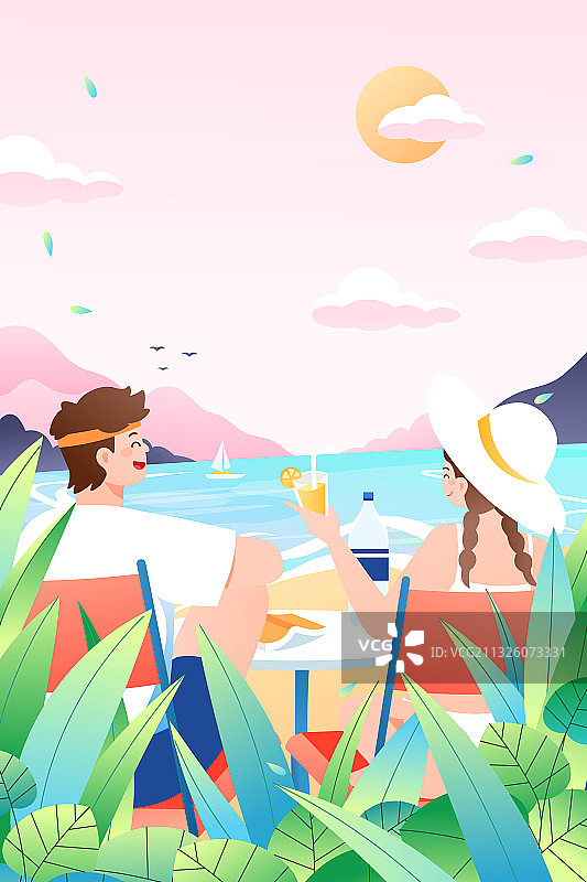 卡通情侣夏季夏天夏日出游旅行旅游海边度假约会情人节矢量插画图片素材