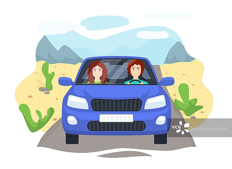 卡通色彩人物夫妇在车里图片素材