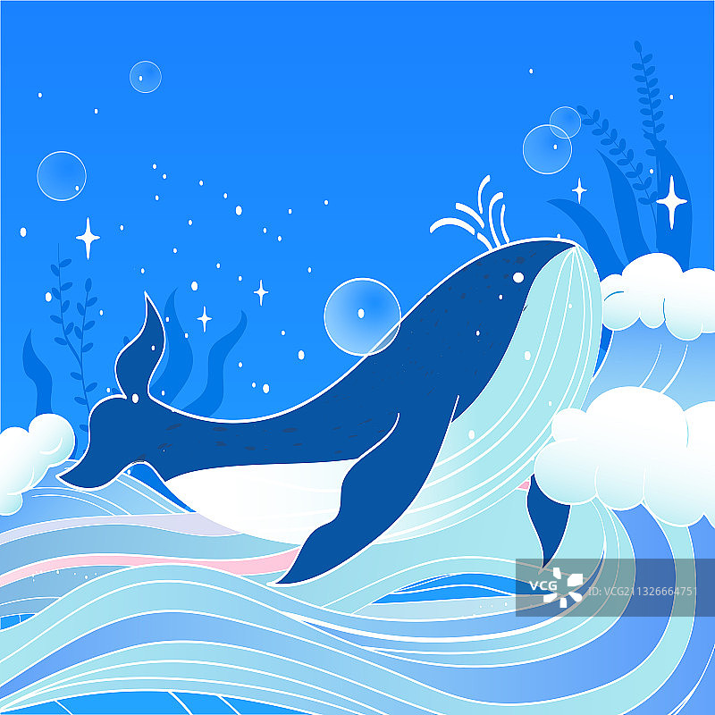 大海浪花和鲸鱼矢量插画海报方图图片素材