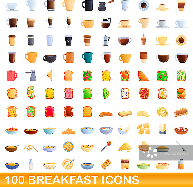 100早餐图标设置卡通风格图片素材