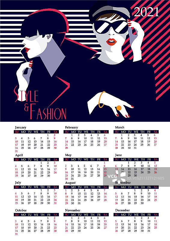 日历2021与时尚女性在流行艺术风格图片素材