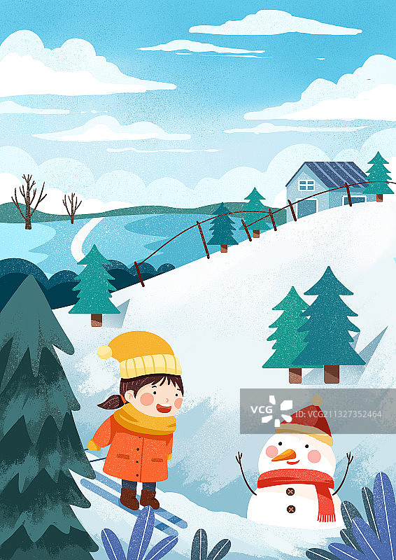 冬天女孩滑雪插画图片素材