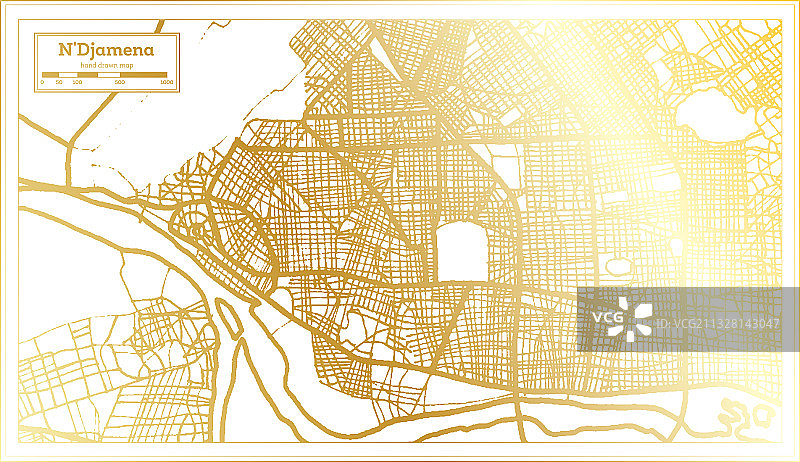 恩贾梅纳乍得城市地图在复古风格的金色图片素材