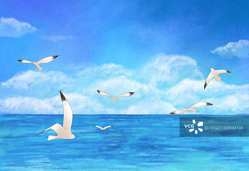 蓝色的海和海鸥插画图片素材