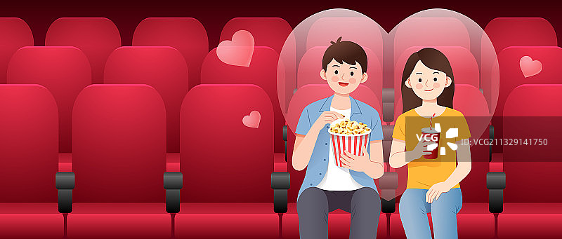 一对情侣在电影院看电影插画图片素材
