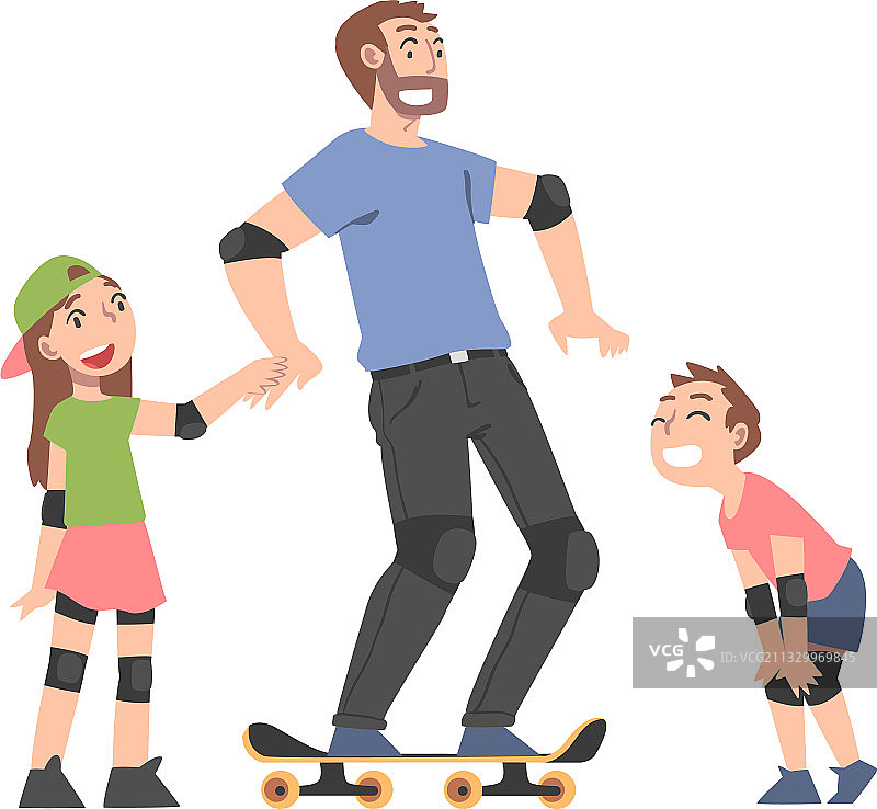 爸爸和他的孩子们玩滑板快乐的爸爸和图片素材