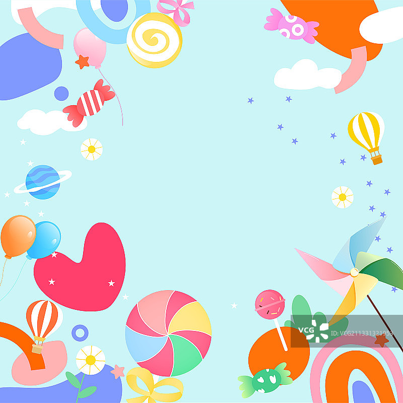 糖果风车热气球夏日童趣矢量插画背景横图图片素材