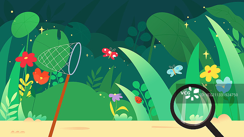 绿色植物草丛花朵动物放大镜捕虫网矢量插画背景横图图片素材
