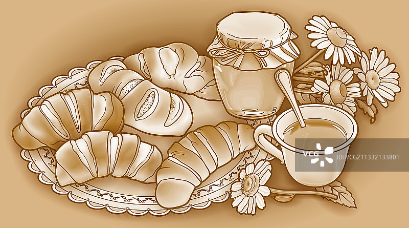 面包蜂蜜和茶手绘涂鸦图片素材