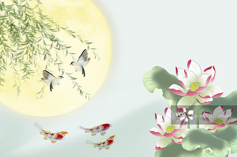 月光下鹤与鲤鱼图片素材