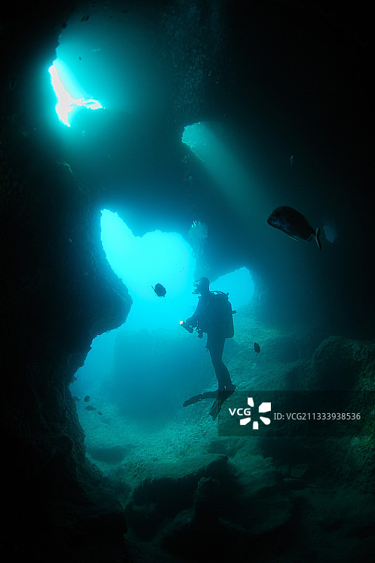 潜水员探索洞穴潜艇米德斯群岛西班牙图片素材