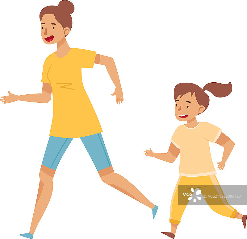 年轻的女妈妈和她的女儿一起跑步图片素材