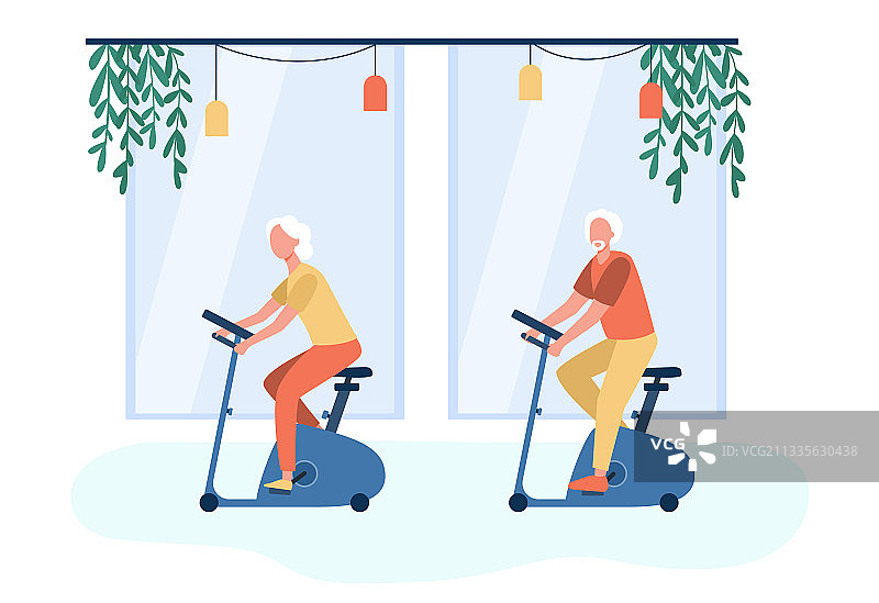 老年人在健身房骑自行车锻炼身体图片素材