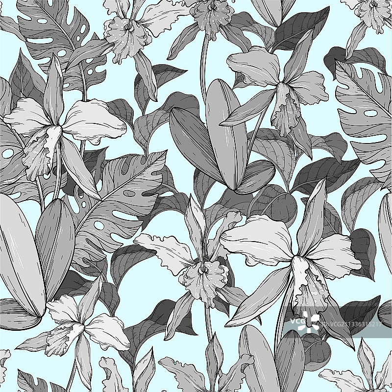 蓝色复古无缝花卉图案与兰花图片素材