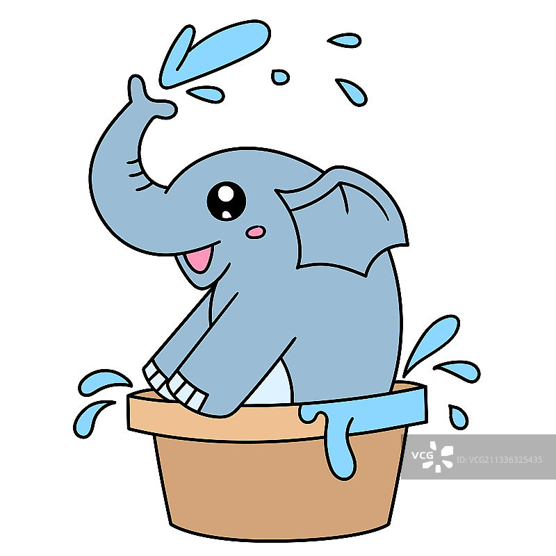 大象在洗澡，玩得很开心，涂鸦卡哇伊图片素材