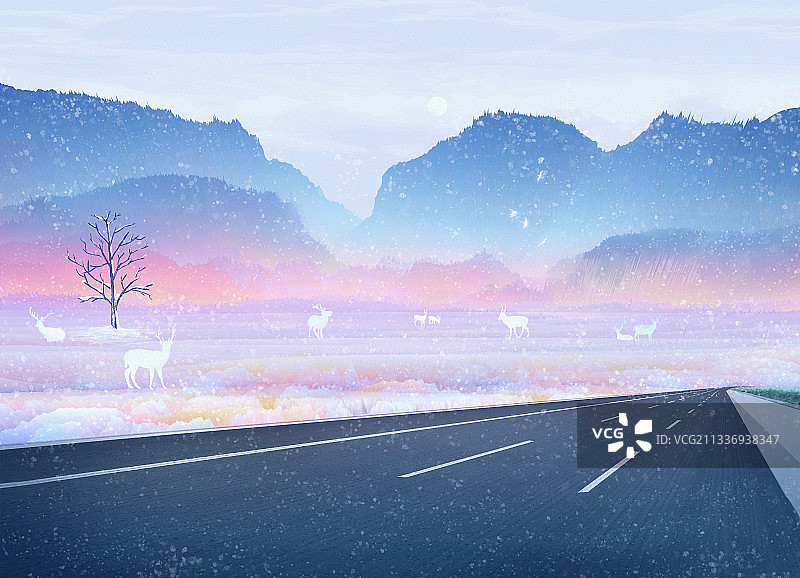 有小鹿的森林里铺着一条公路插画图片素材