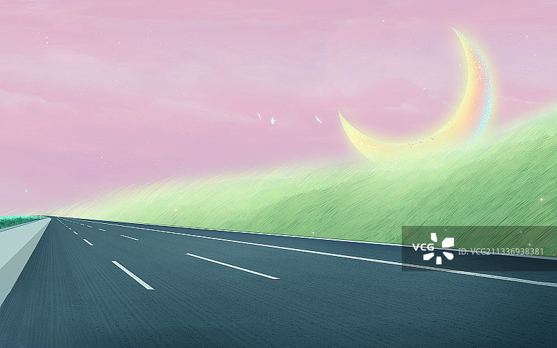 月亮躺在有公路的草原山坡上插画背景图片素材