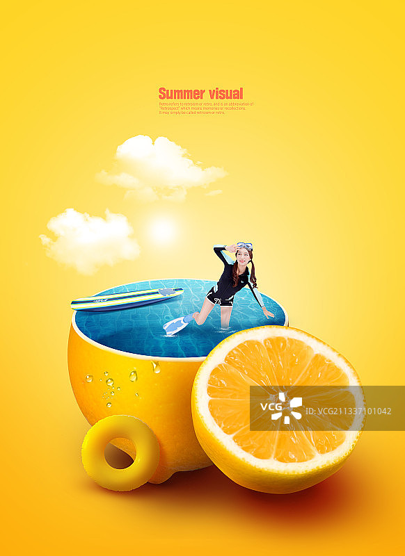夏季图形视觉，亚洲模特在泳衣，比基尼与热带物体图片素材