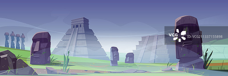迷雾中的古代摩埃石像和玛雅金字塔图片素材