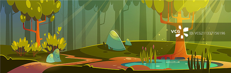 卡通森林背景与池塘或沼泽图片素材
