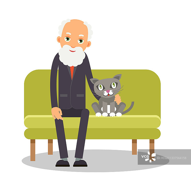 沙发上坐着一位老人和一只猫图片素材