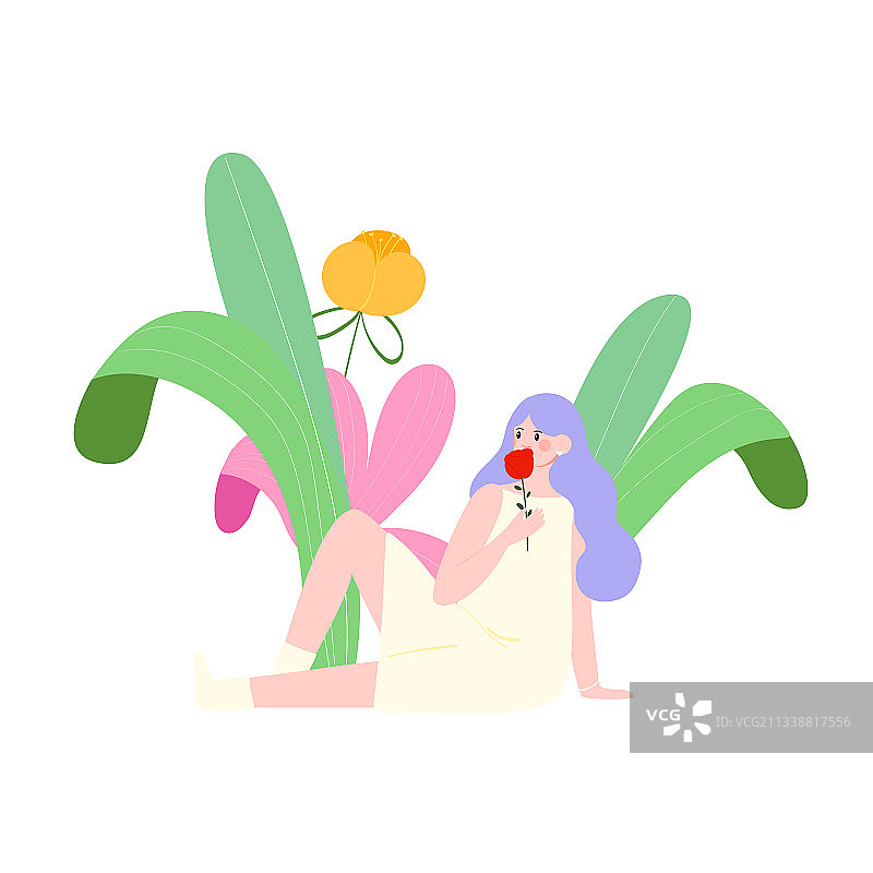 时尚女孩坐在植物下人物矢量插画元素图片素材