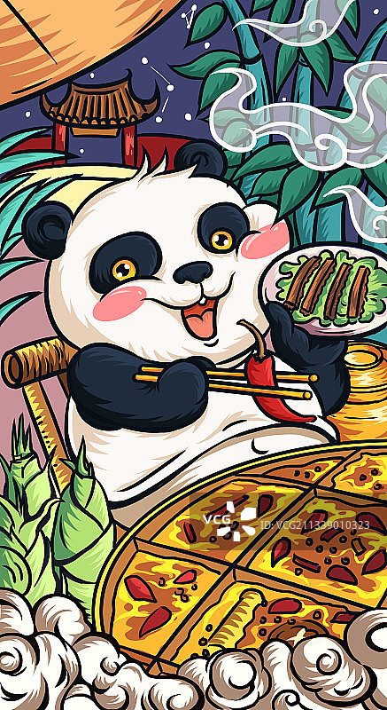 国潮风四川成都大熊猫可爱吃火锅海报贴纸文化宣传国风插画图片素材