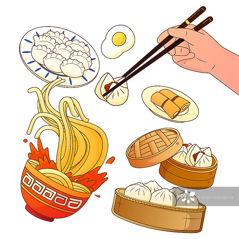 中式面食饺子包子面条矢量美食插画元素图片素材