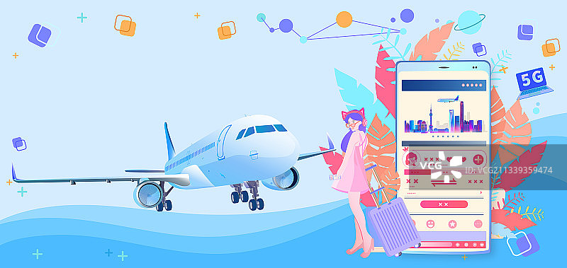 美女用手机网上订机票去旅游插画图片素材