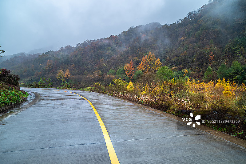 秦岭道路与秋色云雾图片素材