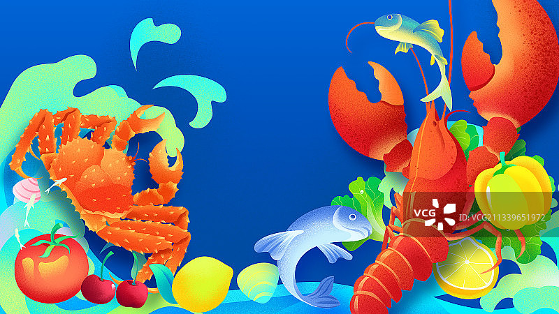 帝王蟹大龙虾水果蔬菜鱼海鲜噪点插画图片素材