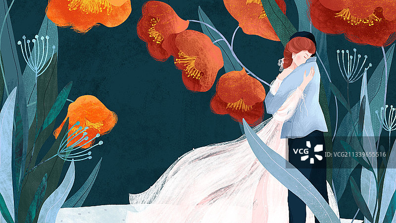 情人节七红色花朵下拥抱的男女恋人手绘插画图片素材