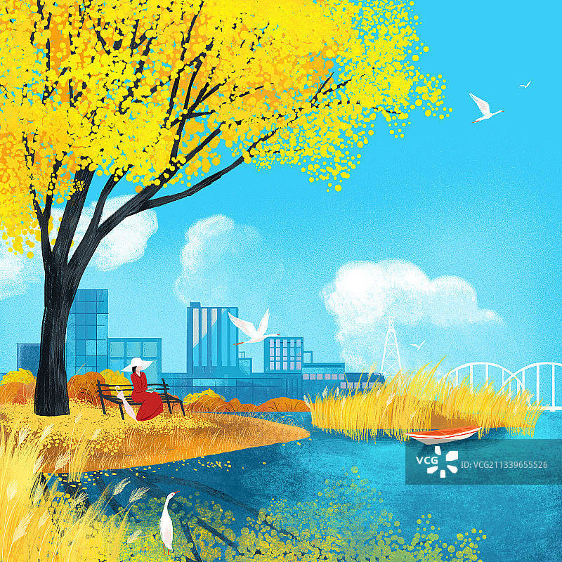 秋天树下的红裙女子与湖泊芦苇建筑插画图片素材