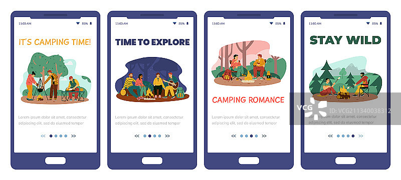 设置露营和徒步旅行的智能手机应用程序图片素材