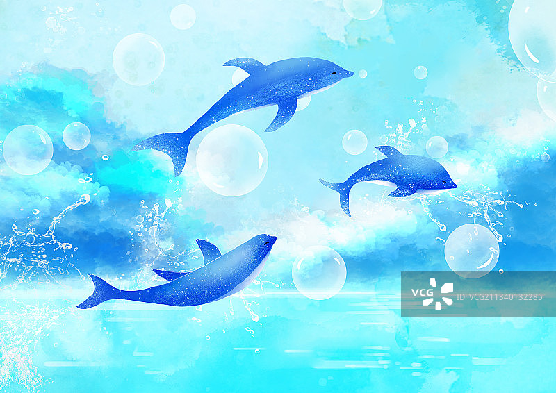 唯美治愈插画蓝色梦幻海洋里的海豚图片素材
