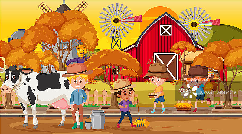 农场场景有许多孩子卡通人物和图片素材