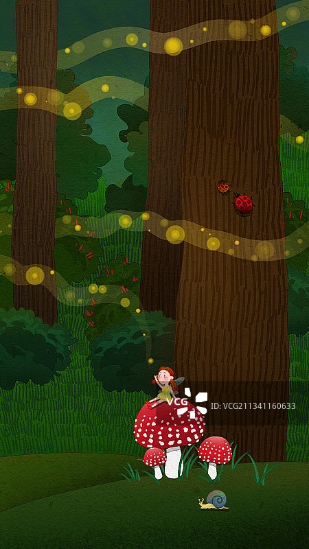童话森林里有萤火虫和小仙子图片素材