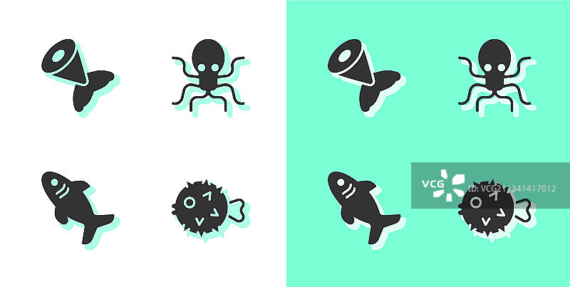 集鱼、刺猬、尾鲨和章鱼的图标图片素材