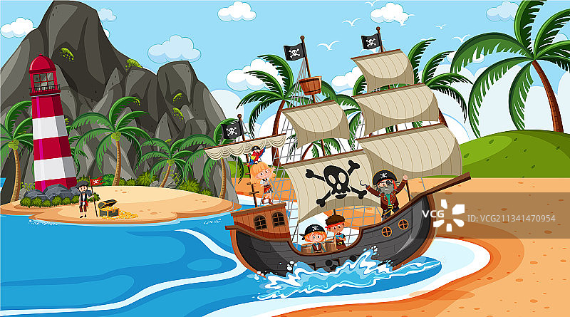 海滩与海盗船在白天的场景图片素材