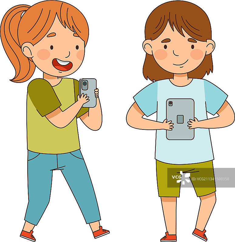 小女孩们玩着智能手机和平板电脑图片素材