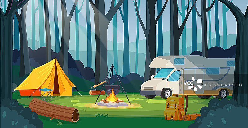 夏令营在森林里背着篝火帐篷背包图片素材