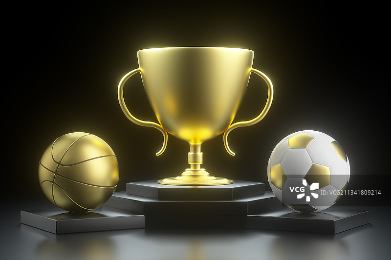 3D渲染的足球篮球奖杯图片素材