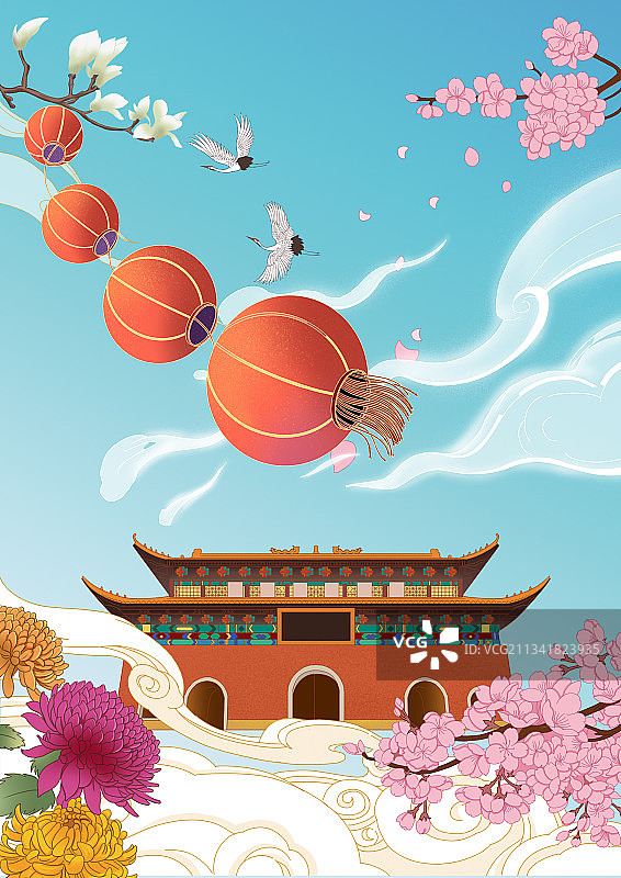国潮风中国传统文化新年新春庆祝灯笼过年建筑新中式插画图片素材